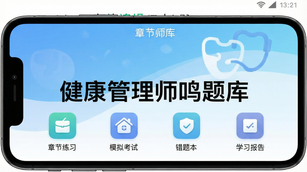 健康管理师鸣题库手机应用主界面截图,画面中央展示软件名称“健康管理师鸣题库”,背景为清爽的蓝白渐变色调,界面布局包含章节练习、模拟考试、错题本、学习报告四个功能入口图标,风格简洁现代,细节清晰,画质干净,无多余元素