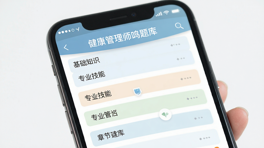 健康管理师鸣题库章节练习界面展示,手机屏幕中显示“健康管理师鸣题库”字样,题目列表按章节排列,包含基础知识、专业技能等分类,界面配色柔和,布局规整,细节清晰,画质干净,无多余元素