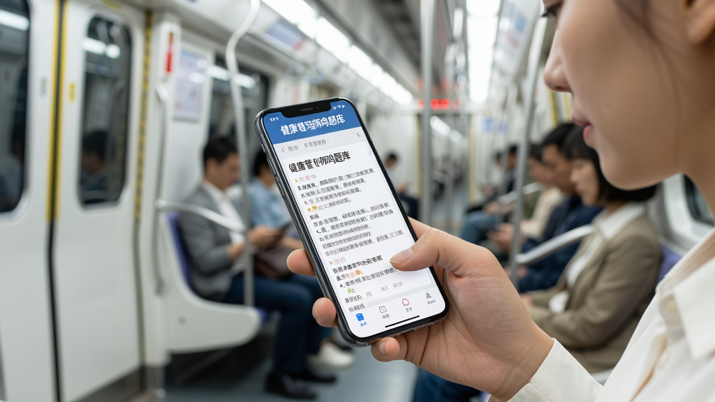 健康管理师鸣题库离线刷题场景示意图,手机屏幕显示“健康管理师鸣题库”题目内容,背景为地铁车厢内,人物手持手机专注做题,画面明亮,风格写实,细节清晰,画质干净,无多余元素