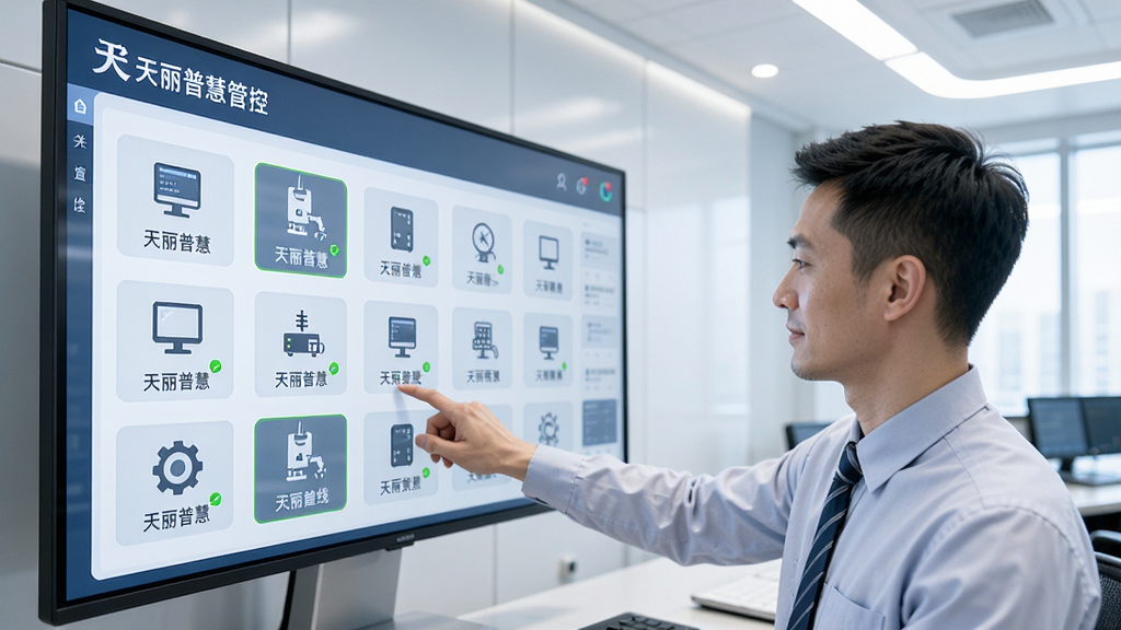 一个现代化的企业控制室内,大屏幕上显示“天丽普慧”设备管控界面,多个设备图标以网格形式排列,部分图标带有绿色在线标识,一名管理员正用手指触控屏幕进行操作,整体风格简洁商务,光线明亮,画质清晰,无杂乱元素