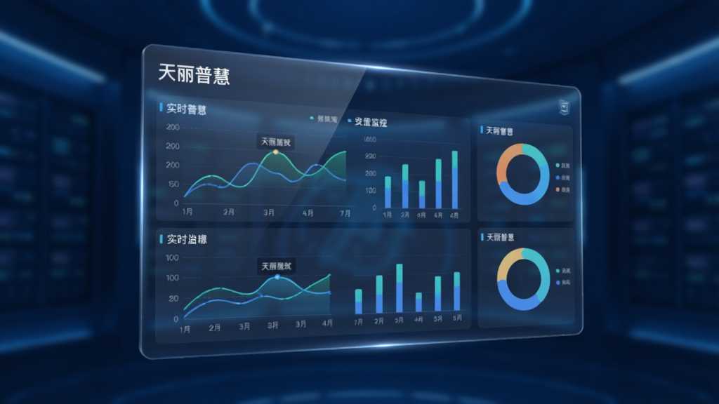 一块悬浮在空中的透明数据看板,上面显示“天丽普慧”实时监控图表,包括折线图、柱状图和环形图,数据动态刷新,背景为深蓝色科技感空间,光线柔和,画质细腻,无杂乱元素