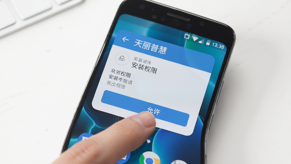 一部安卓手机屏幕上显示“天丽普慧”的安装权限设置页面,旁边有手指点击“允许”按钮的动作,背景为干净的桌面环境,风格写实,细节清晰,画质高清,无多余元素