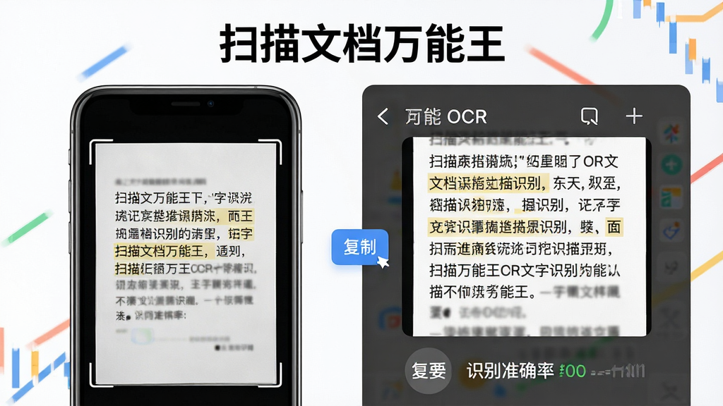 一张展示扫描文档万能王OCR文字识别功能的示意图,主体为手机屏幕左侧显示纸质文档扫描图,右侧显示识别出的可编辑文字内容,布局为左右分栏,上方标注“扫描文档万能王”,排版突出识别前后对比,风格为简洁高效的工具类界面,细节包含文字高亮、复制按钮、识别准确率示意,画质高清,干净,无多余元素