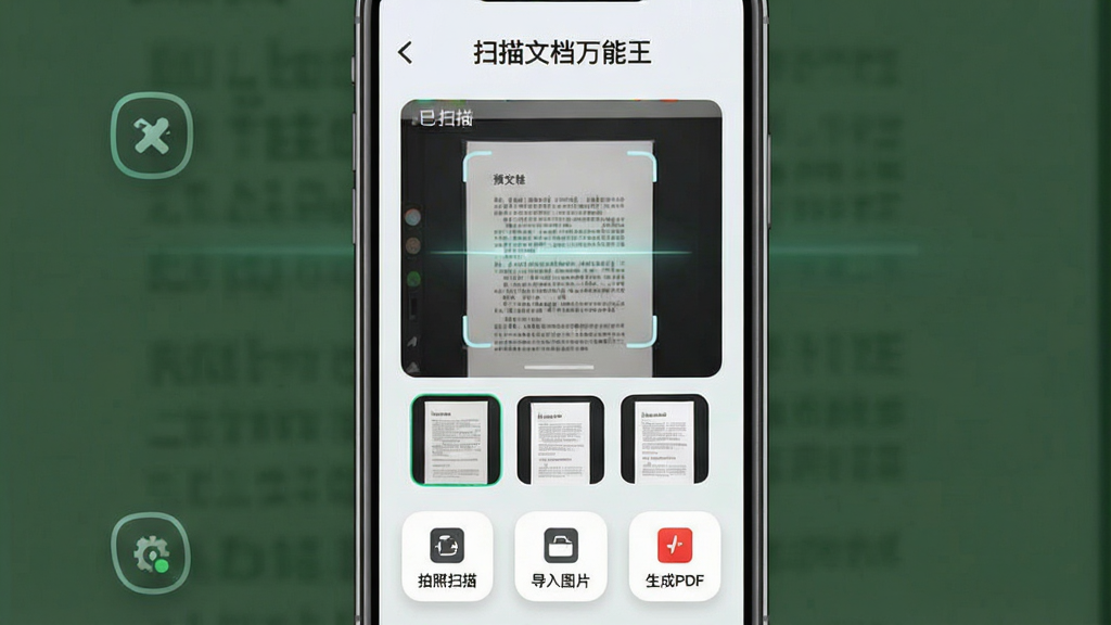 一张手机屏幕展示扫描文档万能王应用界面,主体为手机居中放置,布局上方为应用名称“扫描文档万能王”,中间显示文档扫描预览框与已扫描的文件缩略图,下方排列拍照扫描、导入图片、生成PDF等功能按钮,排版清晰整齐,风格为现代简约科技风,细节包含浅色背景、圆角图标、柔和阴影,画质高清,干净,无多余元素
