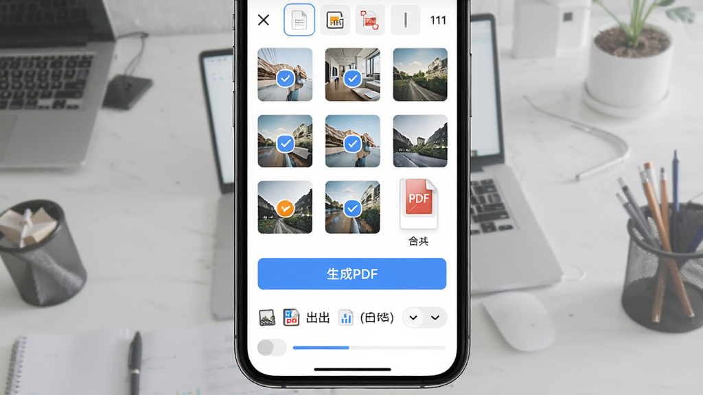 一张展示扫描文档万能王图片转PDF功能的界面图,主体为手机屏幕显示多张图片缩略图被勾选后合并生成PDF文件,布局为上方为图片选择区,下方为“生成PDF”按钮与导出格式选项,排版清晰,风格为现代办公应用风格,细节包含文件排序、格式图标、进度提示,画质高清,干净,无多余元素
