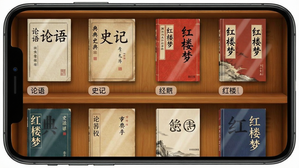 ���APP���ݿ���棬����չʾ�ֻ���Ļ������������鼮����ǽ���鼮���ǡ������ʷ�ǡ�����¥�Ρ��Ⱦ��䣬����Ϊ��ůľ������ʸУ����ֲ�������״���У��Ű��������£����ΪдʵAPP��ͼ�磬ϸ�ڰ����鼮��Ӱ���䡢�����ǩ�����ɼ������ʸ��壬�ɾ��޶���Ԫ��