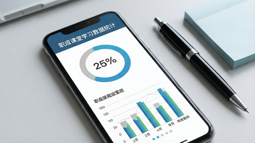 一张展示职成课堂学习数据统计页面的效果图,画面中一部手机屏幕显示环形进度图与柱状统计图表,数据清晰可见,背景为淡灰色桌面,旁边有一支笔和便签纸,整体布局简洁,风格商务清新,画质锐利干净,无多余元素