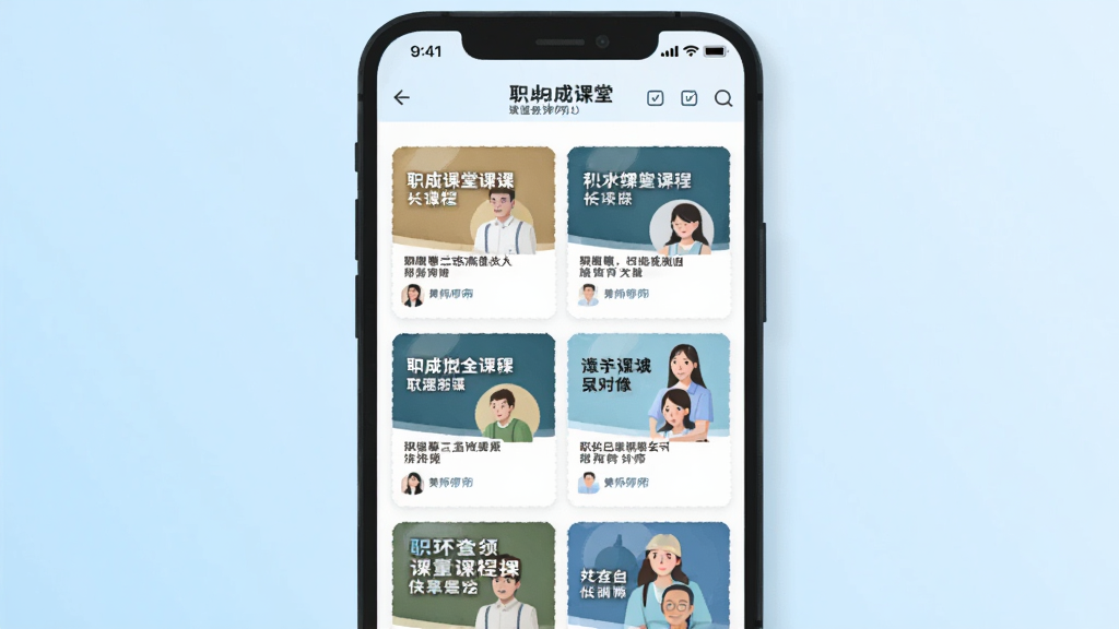 一幅展示职成课堂课程列表页面的插画,画面中一部手机放置在画面中央,屏幕内呈现多个课程封面卡片以网格形式排列,每张卡片上有课程标题与讲师头像,背景为浅蓝色渐变,风格清新扁平化,画质干净清晰,无杂乱装饰元素