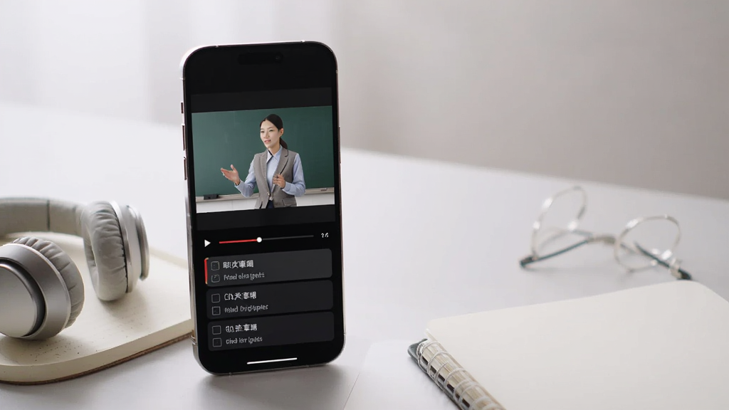 一张表现职成课堂学习场景的图片,主体为一部横屏手机显示视频播放界面,画面中有课程讲师正在讲解知识点,下方有进度条与章节列表,手机旁边放着耳机和笔记本,布局为手机居中偏左,右侧留白,风格写实柔和,画质细腻干净