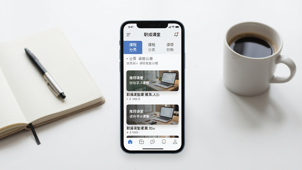 一张展示职成课堂手机应用主界面的场景图,画面中央是一部竖屏智能手机,屏幕显示课程分类导航与推荐课程卡片,背景是简洁的书桌环境,有笔记本和咖啡杯点缀,整体布局居中对称,风格现代简约,细节清晰,画质明亮干净,无多余元素