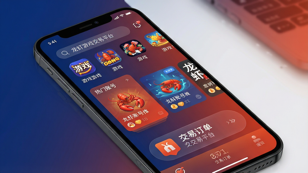 一张展示龙虾游戏交易平台移动端主界面的场景图,画面中央是一部智能手机,屏幕显示龙虾游戏交易平台的首页,上方有搜索栏和游戏分类图标,中部是热门账号推荐卡片,底部有交易订单入口。整体采用深蓝色与橙红色渐变配色,风格简洁现代,细节清晰,画质干净,无多余元素,突出应用界面与品牌名称“龙虾游戏交易平台”。