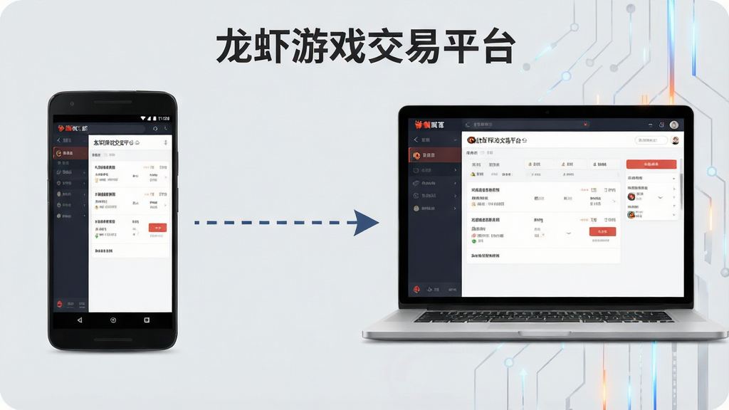 一张展示龙虾游戏交易平台多端同步功能的场景图,画面中左侧是一部安卓手机,右侧是一台笔记本电脑,两者屏幕均显示龙虾游戏交易平台的订单管理界面,中间用虚线箭头连接表示数据同步,背景为浅灰色,风格现代科技感,细节清晰,画质干净,画面中带有“龙虾游戏交易平台”文字标识。
