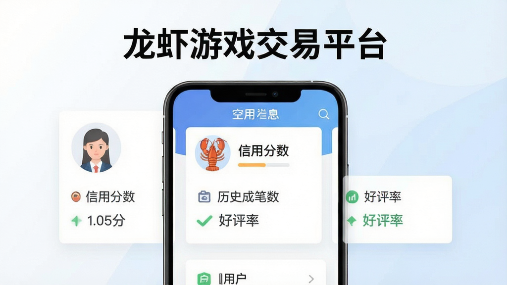 一张展示龙虾游戏交易平台用户信用档案页面的场景图,画面中手机屏幕显示用户头像、信用分数、历史成交笔数、好评率等数据卡片,背景为白色与淡蓝色渐变,风格简洁商务,细节清晰,画质干净,画面中带有文字“龙虾游戏交易平台”作为页面标题。