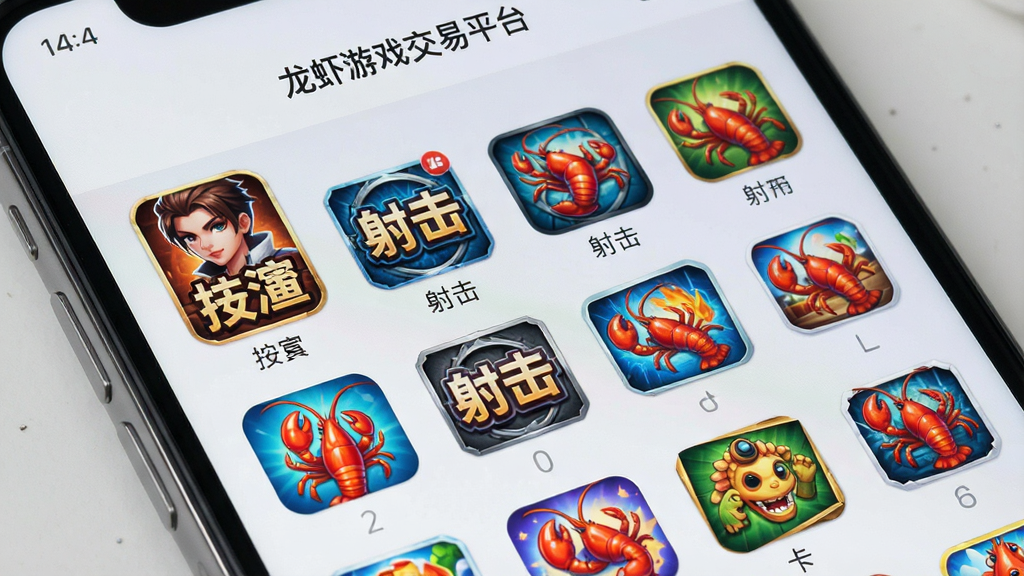 一张展示龙虾游戏交易平台游戏分类页面的细节图,画面中手机屏幕呈现网格状游戏图标排列,包含角色扮演、射击、卡牌等分类标签,背景为浅灰色,图标色彩鲜明,布局整齐,风格清新简约,画质清晰干净,画面中带有文字“龙虾游戏交易平台”作为页面标题。