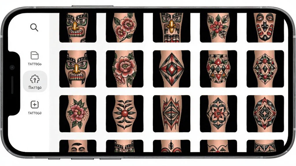 一张展示Tattoo Go素材库界面的图片,主体为手机屏幕,屏幕上以网格形式排列着多种纹身图案缩略图,包括图腾、花卉、几何图形等,布局为手机竖屏展示,风格为清新简洁的应用界面展示图,细节包括分类标签、搜索图标、图案缩略图清晰可见,画质高清,干净,无多余元素。