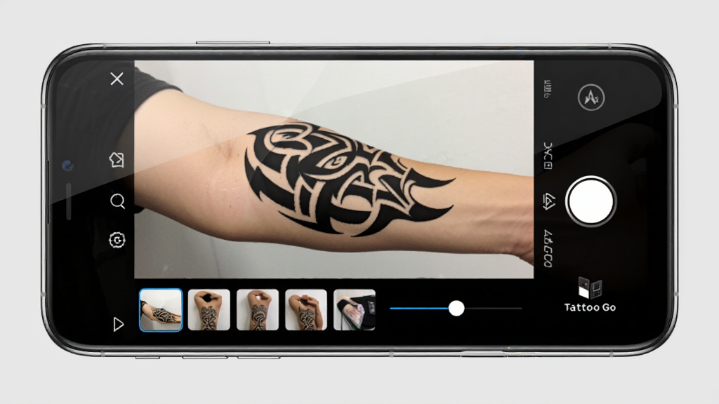 一张展示Tattoo Go软件界面的图片,主体为一部智能手机,手机屏幕上显示着AR纹身投射功能,摄像头画面中手臂上叠加了一个黑色图腾纹身图案,屏幕下方有素材库缩略图与调节滑块,布局为手机居中展示,背景为浅灰色纯色背景,风格为现代科技感产品展示图,细节包括手机边框高光、屏幕反光、纹身图案清晰可见,画质高清,干净,无多余元素。