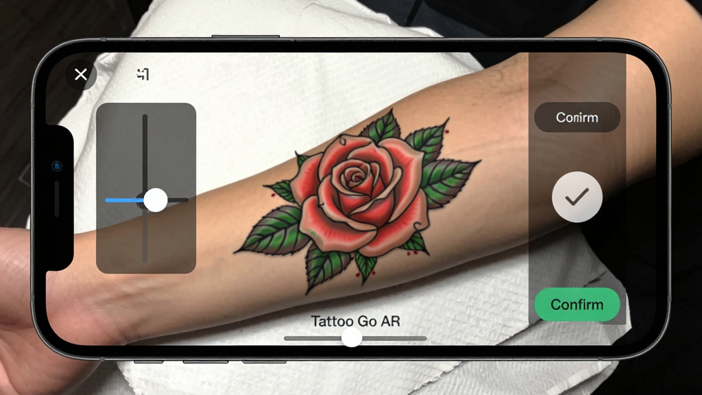 一张展示Tattoo Go AR投射功能的图片,主体为手机屏幕画面,画面中一条手臂上叠加了一个彩色玫瑰纹身图案,屏幕上有调节滑块和确认按钮,布局为手机横屏展示,风格为写实产品演示图,细节包括手臂皮肤纹理、纹身图案色彩饱和度、UI按钮清晰可见,画质高清,干净,无多余元素。