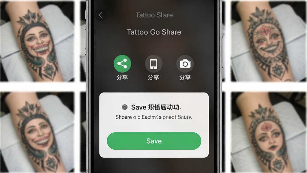 一张展示Tattoo Go保存分享功能的图片,主体为手机屏幕,屏幕上显示着分享菜单和保存成功的提示,背景有纹身预览缩略图,布局为手机竖屏展示,风格为简洁应用界面图,细节包括分享图标、保存按钮、缩略图清晰可见,画质高清,干净,无多余元素。