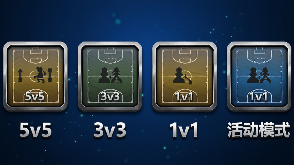 画面由四个并排的方形图标组成,分别代表5v5、3v3、1v1和活动模式,每个图标内有对应的球场剪影和人数标识,图标下方用文字标注模式名称,背景为深蓝色渐变,布局采用横向等距排列,风格为游戏模式选择界面,细节包括图标边框的金属质感、模式名称的字体阴影、背景中的细微粒子效果,画质高清、干净、无多余元素。