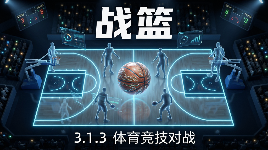 画面中央是一个充满科技感的篮球场俯视图,球场线条发出淡蓝色荧光,中心位置悬浮着一颗带有电路纹理的篮球,周围环绕着多个半透明的球员剪影和动态数据面板,整体布局采用对称放射状构图,风格为未来体育竞技视觉,细节包括球场边缘的观众席光点、记分牌闪烁的数字、篮球表面的反光质感,画质高清、干净、无多余元素,图片上方用白色粗体字写着“战篮”,下方用细体字写着“3.1.3 体育竞技对战”。