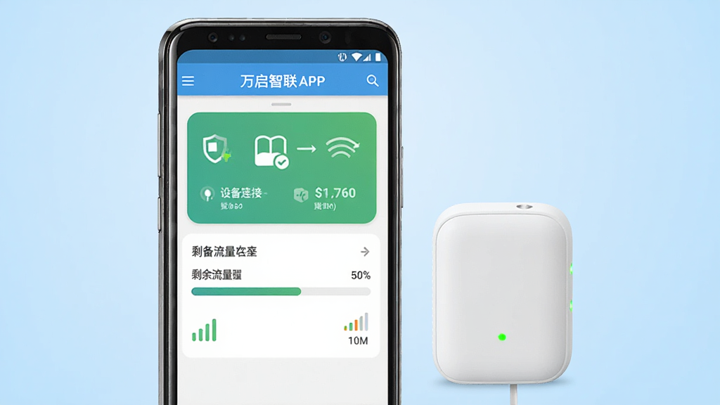 画面主体为一部安卓手机,手机屏幕中显示万启智联APP的主界面,界面中包含设备连接状态卡片、剩余流量进度条和信号强度图标,手机旁边放置一个白色随身WiFi设备,背景为浅蓝色渐变,整体布局为居中构图,风格为科技简约风,细节包括手机边框高光、界面图标清晰可辨、随身WiFi指示灯发出微弱绿光,画质清晰干净,无多余元素。