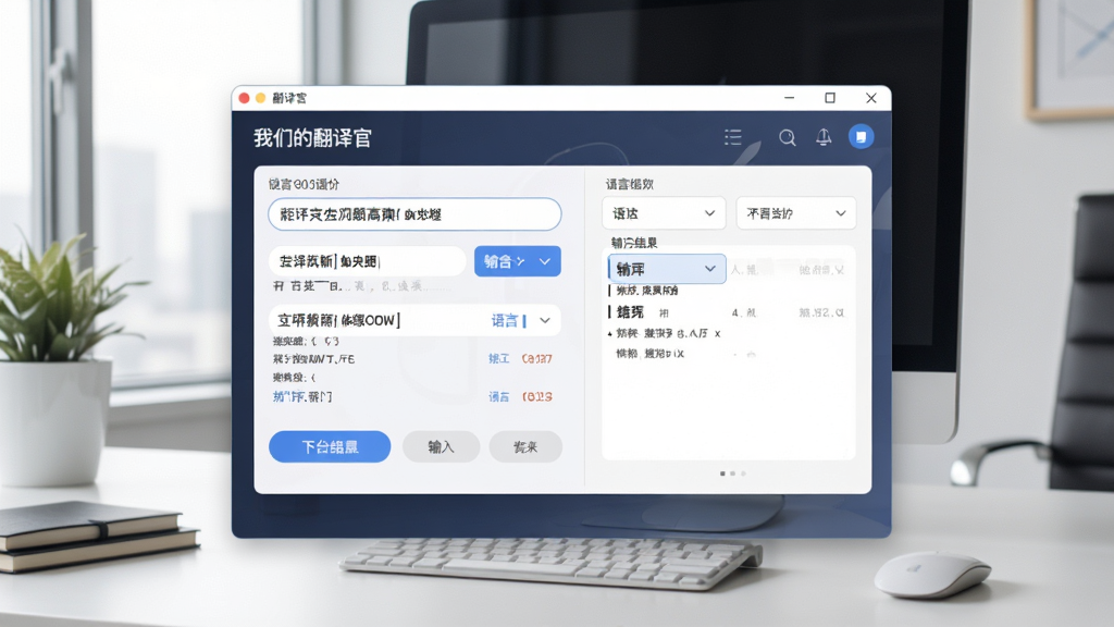 软件主界面全貌展示,画面中央是“我们的翻译官”软件窗口,窗口内展示多语言翻译输入框与输出结果,背景为简洁的办公桌面环境,风格现代商务,细节包含翻译按钮、语言切换下拉框,画质清晰,干净,无多余元素