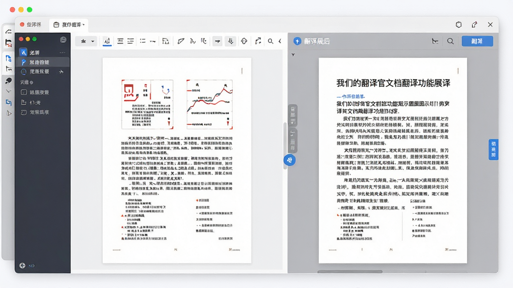 我们的翻译官文档翻译功能展示图,画面中软件界面内打开一份PDF文档,右侧同步显示翻译后的中文内容,文档格式整齐,界面风格清爽,画质清晰,干净,无多余元素