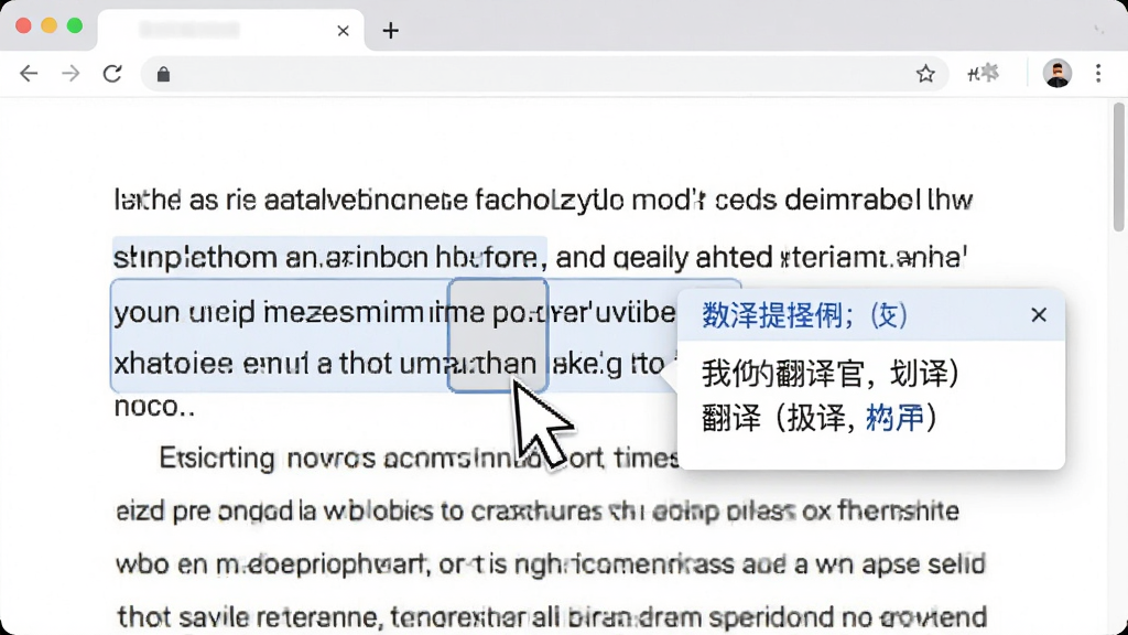 我们的翻译官划词翻译功能展示图,画面中鼠标选中一段英文文本,旁边弹出翻译结果小窗口,窗口内显示中文释义,背景为浏览器阅读页面,风格简洁,画质清晰,干净,无多余元素