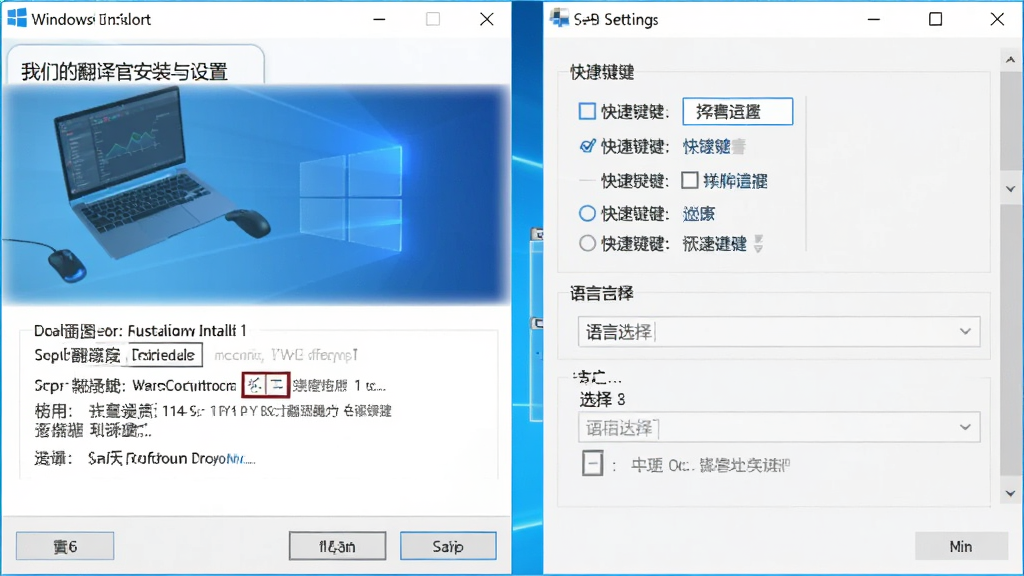 我们的翻译官安装与设置界面展示图,画面中显示Windows安装向导窗口和软件设置面板,设置面板内包含快捷键选项与语言选择,界面风格简洁,画质清晰,干净,无多余元素