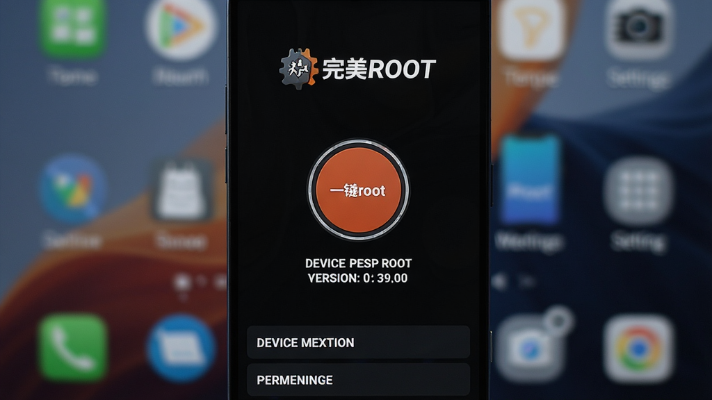 一张展示安卓手机屏幕中央显示完美ROOT软件主界面的图片,界面采用深色主题,顶部有完美ROOT的logo和名称,中间是一个醒目的圆形一键root按钮,按钮下方显示设备型号和系统版本信息,底部有权限管理和设置选项,整体风格科技感强,背景为模糊的手机桌面,画质清晰,干净整洁,无多余元素