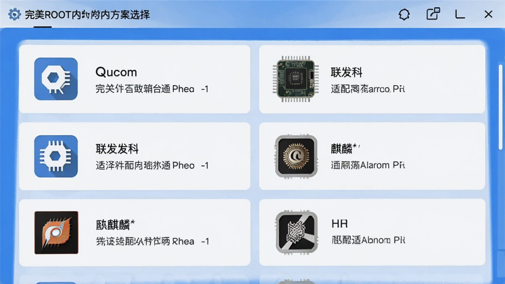 一张展示完美ROOT软件内部方案选择界面的图片,界面中列出了多个芯片平台选项,包括高通、联发科、麒麟等,每个选项旁边有对应的图标和适配说明,界面风格简洁明了,以蓝色和白色为主色调,画质清晰,无多余元素