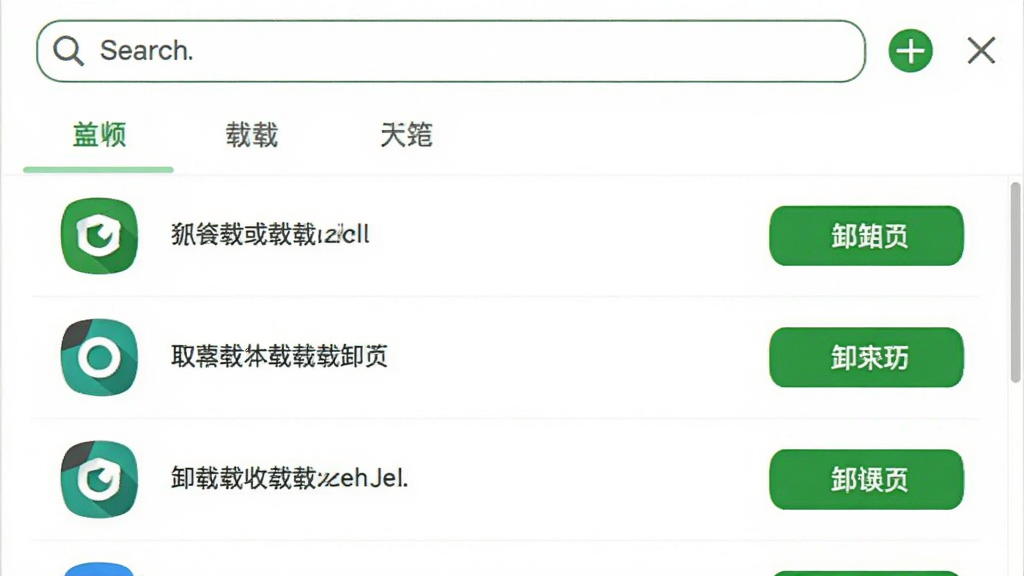 一张展示完美ROOT软件中系统应用卸载功能的界面截图,列表中显示了多个系统预装应用的名称和图标,每个应用右侧有卸载按钮,顶部有搜索框和分类标签,界面风格清爽,以白色和绿色为主色调,画质清晰,无多余元素