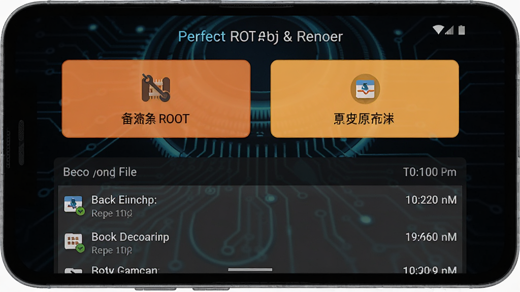 一部安卓手机屏幕上显示完美ROOT的数据备份与还原界面,界面中有备份和还原两个大按钮,下方显示备份文件列表和备份时间,背景为深色科技风格,画质清晰,干净整洁,无多余元素