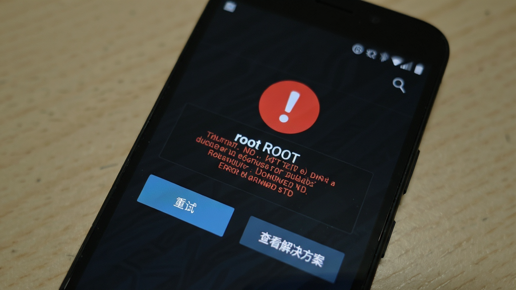 一部安卓手机屏幕上显示完美ROOT的root失败错误提示界面,界面中有红色感叹号和错误代码,下方有“重试”和“查看解决方案”两个按钮,背景为深色,画质清晰,无多余元素