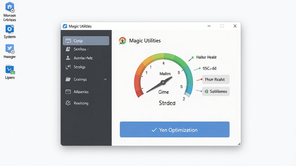 一张干净的电脑桌面背景,屏幕中央显示 Magic Utilities 软件主界面,界面左侧为功能导航栏,右侧为系统健康状态仪表盘与一键优化按钮,整体风格简洁现代,画质清晰,无多余元素
