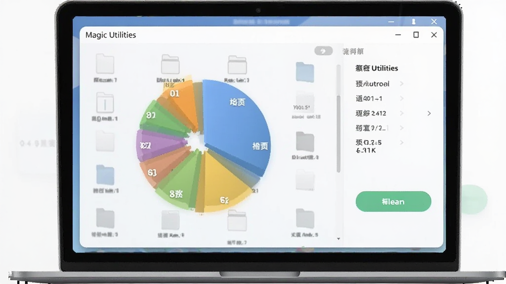画面展示一台笔记本电脑屏幕,屏幕上显示 Magic Utilities 的垃圾清理界面,各种文件分类图标以饼状图形式呈现,旁边有清理按钮,风格干净整洁,画质高清,无多余元素