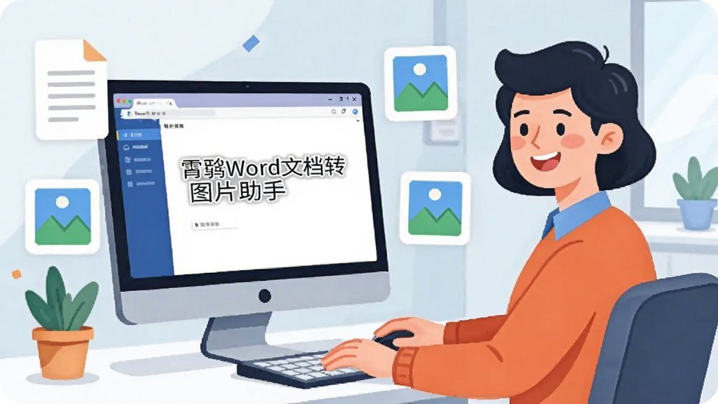 一位办公人员坐在电脑前微笑操作软件,屏幕上显示