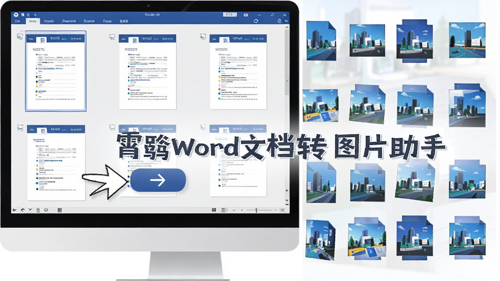 电脑屏幕上同时打开多个Word文档缩略图,箭头指向一个转换按钮,右侧生成一排整齐的图片文件,画面中央有