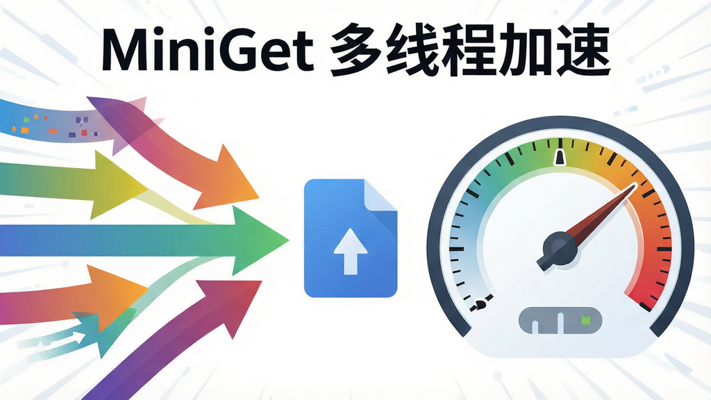 画面主体是一个抽象的下载加速概念图,左侧是多个彩色箭头汇聚到中央的一个文件图标上,右侧是速度仪表盘指针指向高速区域,布局采用左右对称结构,排版上标题文字为“MiniGet 多线程加速”,风格为扁平化矢量插画,细节上箭头有渐变色彩,仪表盘有刻度线,画质高清,干净,无多余元素