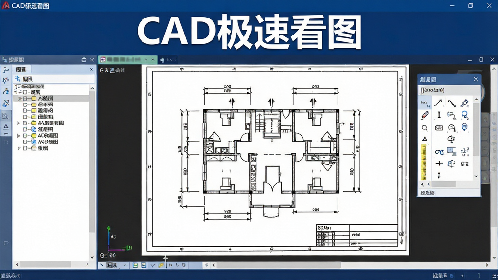 一张展示CAD极速看图软件界面的全景图,画面中央是打开的建筑工程施工图纸,图纸线条清晰,左侧显示图层管理面板,右侧有测量工具浮动栏,软件名称