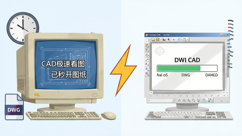 软件启动速度对比概念图,画面左侧是一台老式办公电脑,屏幕显示