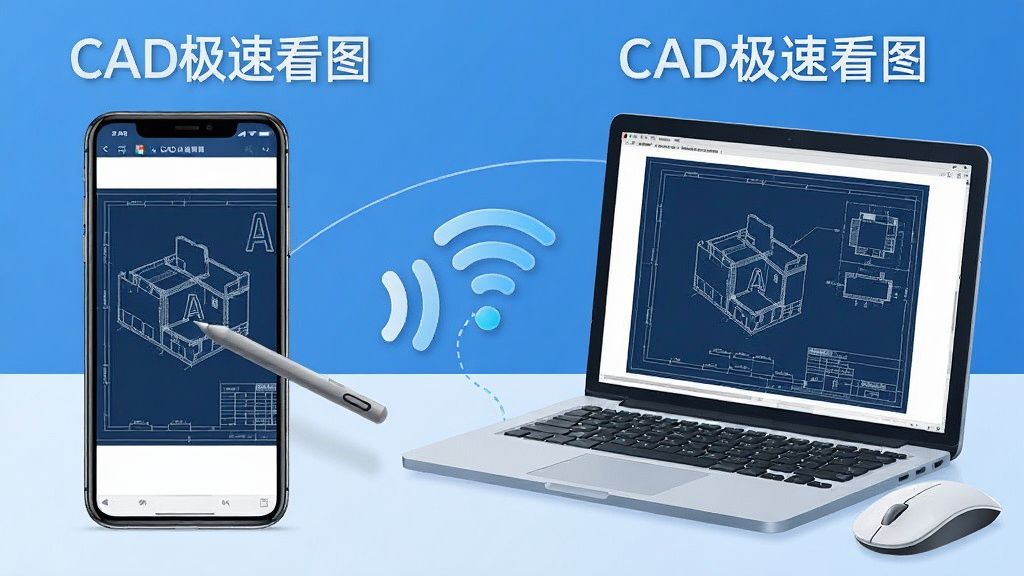 CAD极速看图移动端与电脑端同步查看图纸的场景图,画面左侧是智能手机显示CAD图纸,右侧是笔记本电脑显示同一张图纸,中间用无线信号图标连接,软件名称