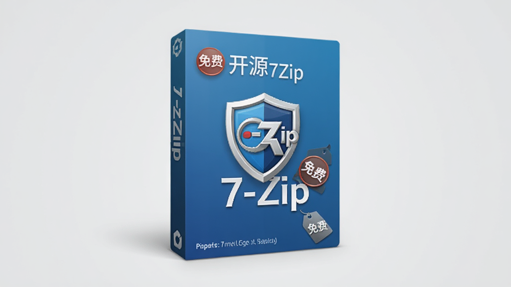 一张展示7-Zip免费开源特性的AI生成图,主体是一个带有开源标志和免费标签的7-Zip软件盒,布局在纯净的浅灰色背景中央,排版对称,风格为简洁商务风,细节包括盾牌图标和“免费”字样,画质高清,画面干净,无多余元素