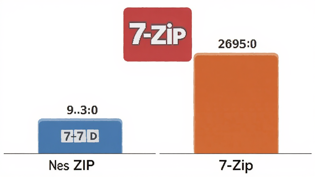 一张展示7-Zip高压缩比特性的AI生成图,主体是一个对比柱状图,左边是普通ZIP格式柱体,右边是7-Zip格式柱体,布局在干净的白色背景上,排版居中,风格为扁平化信息图,细节包括清晰的数值标签和7-Zip标志,画质高清,画面干净,无多余元素