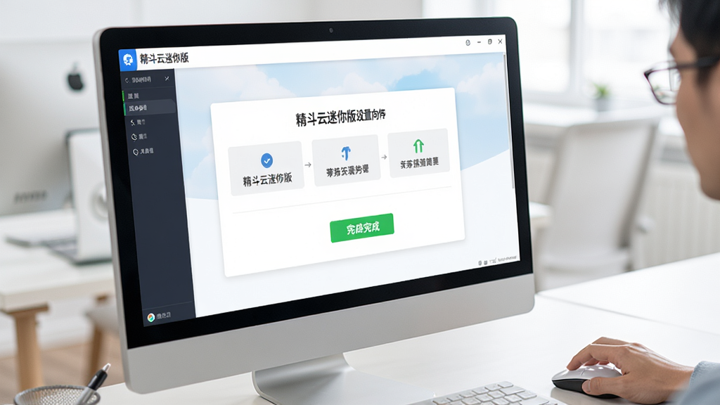 一张展示精斗云迷你版新手操作界面的生图,画面主体为电脑屏幕显示精斗云迷你版设置向导页面,旁边有一只手正在点击鼠标,布局为斜侧视角,排版清晰,风格为真实办公场景,细节包括屏幕上的步骤提示与绿色完成按钮,画质高清,干净,无多余元素