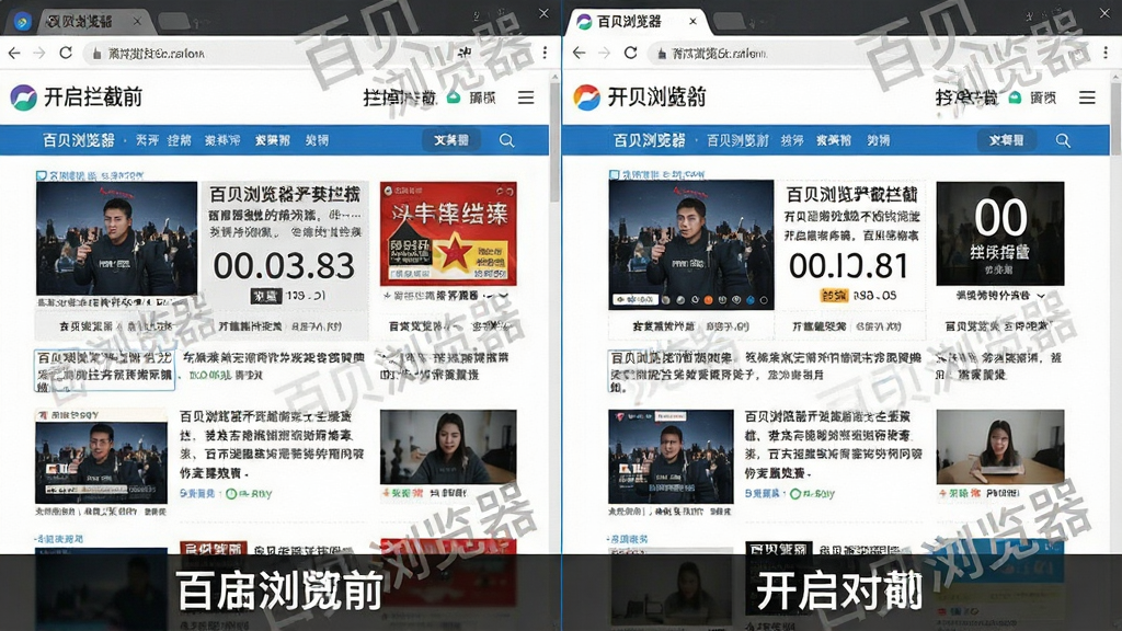 一张展示百贝浏览器广告拦截效果的对比图,主体是同一个新闻网页在开启拦截前后的对比,布局为左右分屏,排版左侧满屏广告右侧干净整洁,风格为写实网页截图风,细节包括网页正文清晰可见、软件界面上的拦截计数器显示数字、软件名称“百贝浏览器”水印,画质高清,干净无多余元素