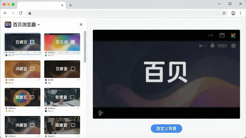 一张展示百贝浏览器个性化皮肤设置界面的截图,主体是浏览器外观设置面板,布局为左侧皮肤缩略图列表右侧实时预览窗口,排版整齐,风格为现代简约UI设计,细节包括多种颜色主题选项、软件Logo“百贝浏览器”、自定义背景按钮,画质高清,干净无多余元素