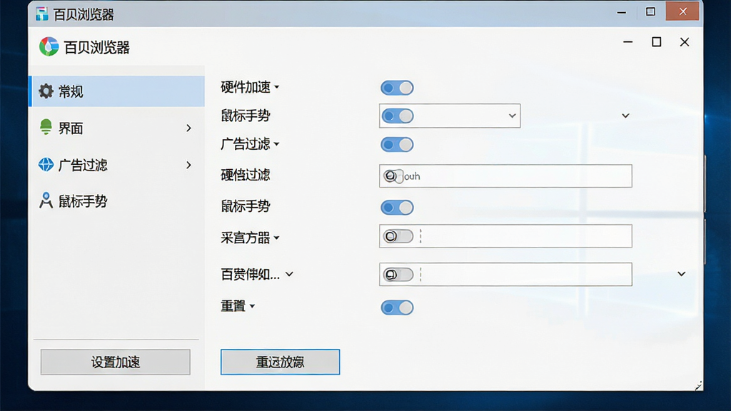 一张展示百贝浏览器设置中心界面的截图,主体是软件设置面板,布局为左侧菜单栏包含常规、界面、广告过滤、鼠标手势等选项,右侧为对应设置详情,排版清晰,风格为扁平化Windows应用设计,细节包括硬件加速开关、重置浏览器按钮、软件名称“百贝浏览器”标题,画质高清,干净无多余元素