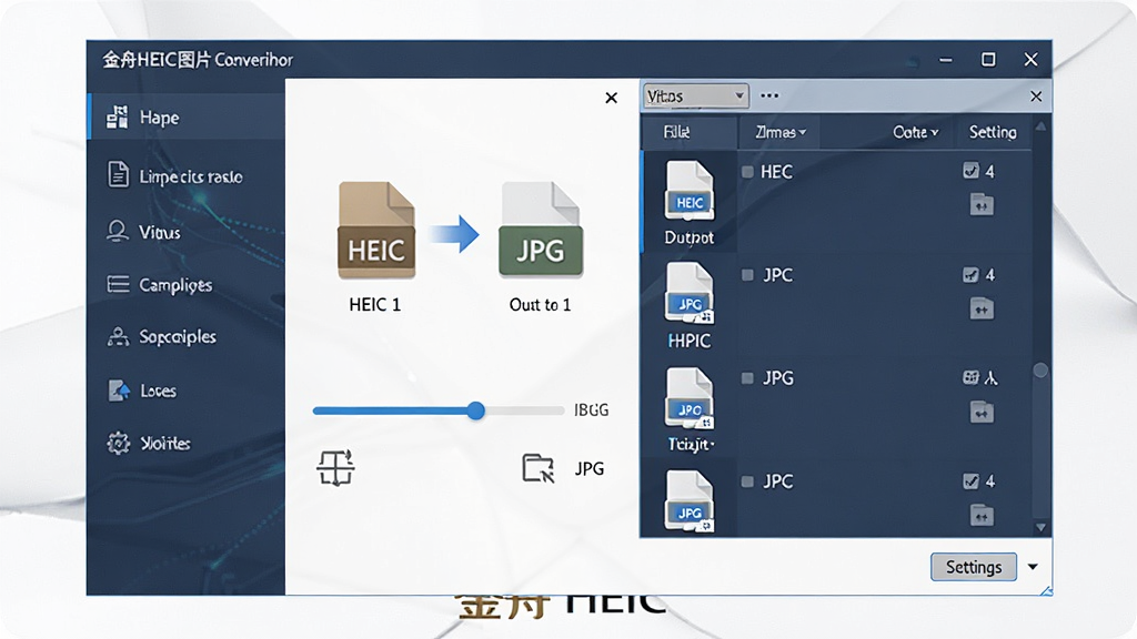 一张展示金舟HEIC图片转换器软件界面的图片,主体为电脑屏幕上的软件窗口,布局清晰展示左侧功能菜单和右侧文件列表区域,排版采用简洁现代的软件UI风格,风格为科技感商务风,细节包括HEIC文件图标、转换箭头、JPG输出标识、进度条和设置按钮,画质高清,干净,无多余元素