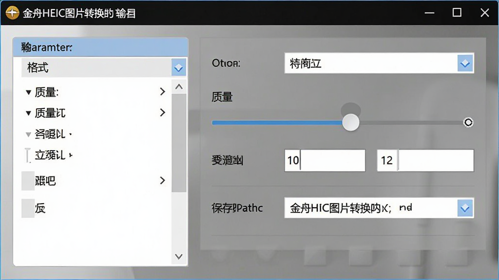 一张展示金舟HEIC图片转换器输出参数设置面板的图片,主体为软件设置界面,布局采用左侧参数分类右侧选项控件的排版,风格为清爽工具风,细节包括格式下拉菜单、质量滑块、分辨率输入框、保存路径选择按钮,画质高清,干净,无多余元素